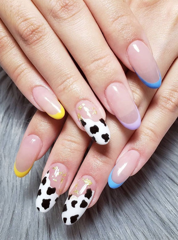 cow print and color french tip nails , french tip nails, fun french tip nail design 