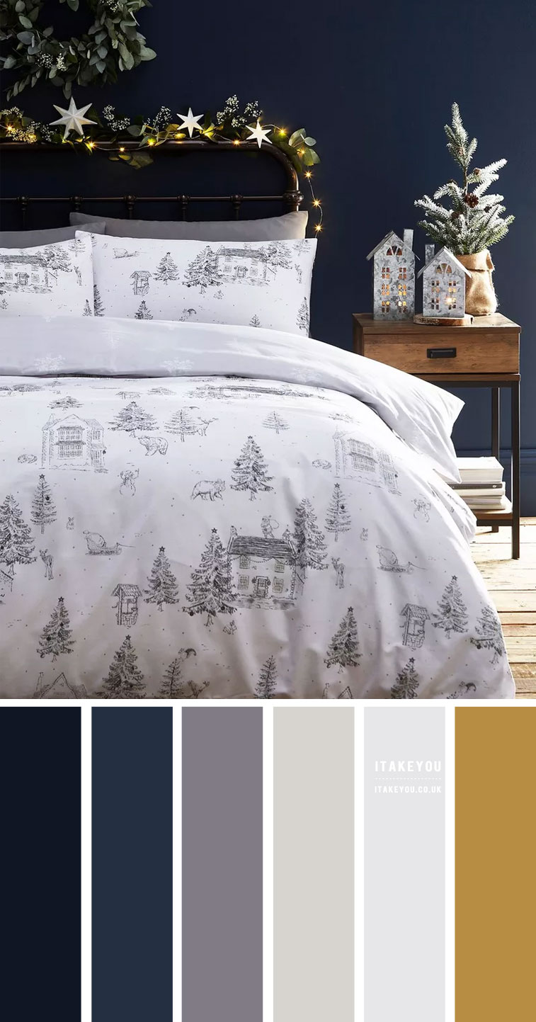 navy blue and white bedroom, winter bedroom decor, navy blue and grey colour combination, navy and grey bedroom