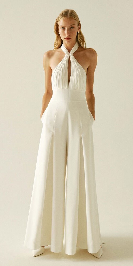 halter neck bridal jumpsuit, modern wedding dresses 2021, bridal jumpsuits 2021