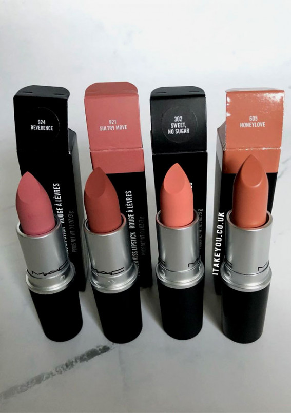 21 Mac Lipstick Shades & Combos : Reverence, Sultry Move, Sweet, No Sugar & Honeylove