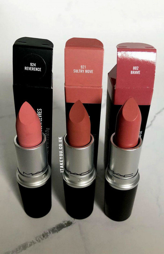 21 Mac Lipstick Shades & Combos : Reverence, Sultry Move vs Brave