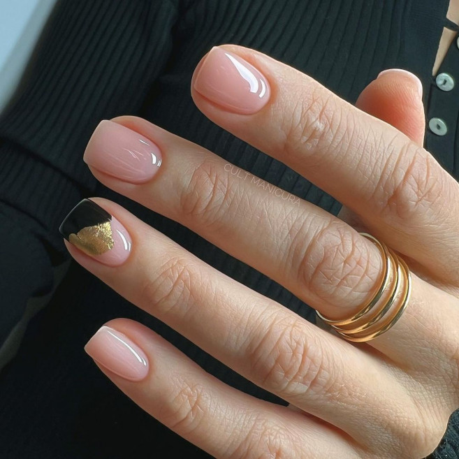 nude pink with gold leaf nails, classy nude nails, short nail art designs
