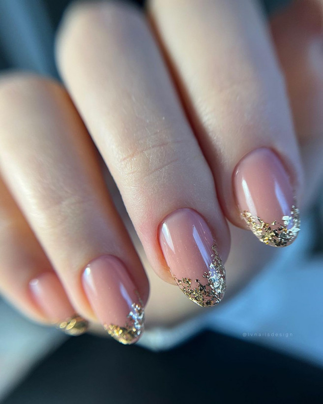 gold foil french tips, classy nude nails, short nude nail art designs