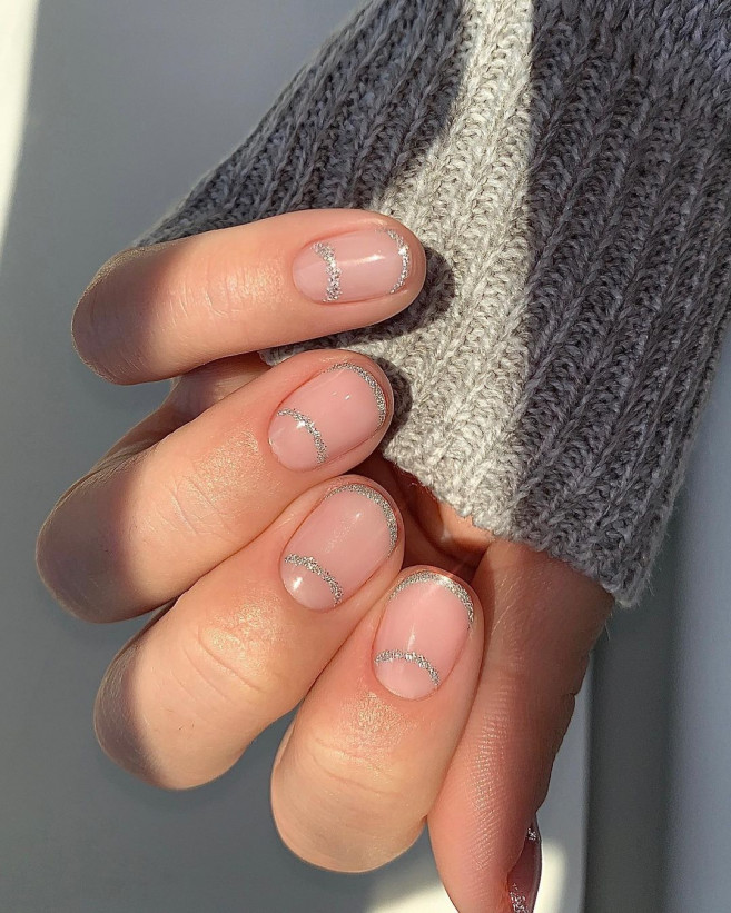 french outline nails, french smile line nails, glitter french outline nails, classy nude nails