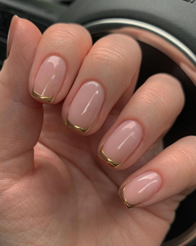 gold french tip nails, classy nude nails, spring nail art designs