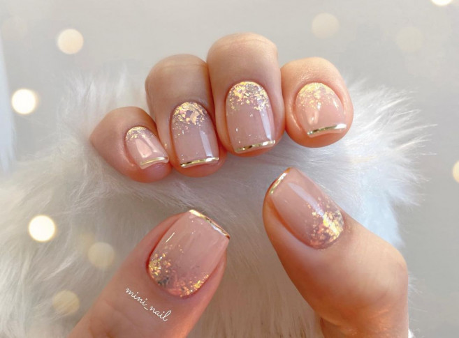 classy nude nails with gold french tips, gold french tip nude nails, classy nude nails, spring nude nails 2022