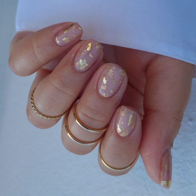 gold foil nude nails, short nude nails, short natural nails, classy nude nail,s spring nails 2022