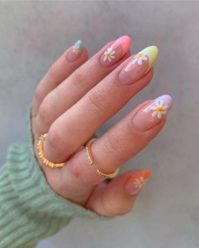 30 Cute Easter Nail Designs 2022 : Pastel Tip Nails & Daisy Accents