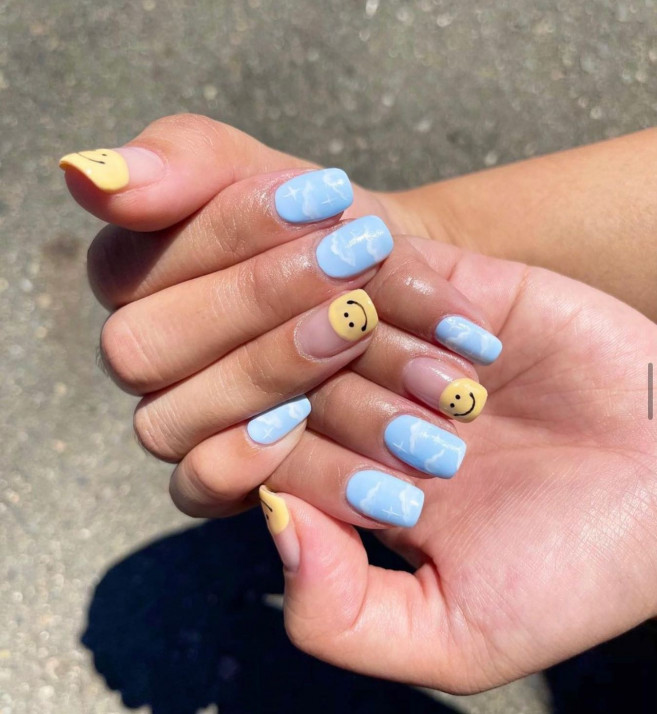 30 Cute Easter Nail Designs 2022 : Blue Cloud & Smiley Face Tip Nails