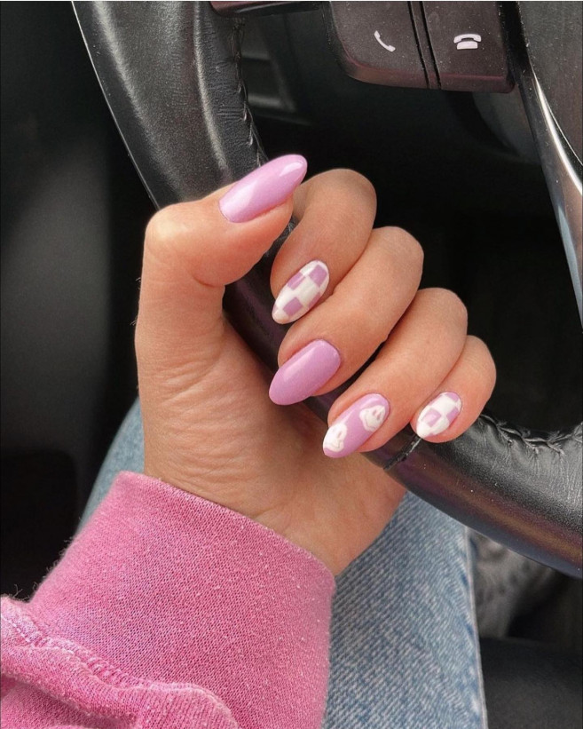 30 Cute Ways To Wear Pastel Nails : Lilac Check and Smiley Face Nails