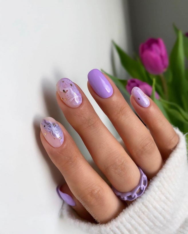 30 Cute Ways To Wear Pastel Nails : Soft Purple Geode Short Nails