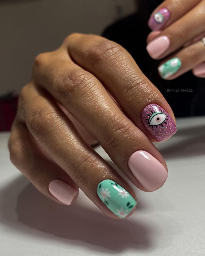 30 Cute Ways To Wear Pastel Nails : Daisy Mint, Pink and Rose Gold Nails
