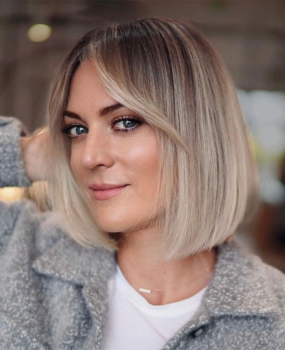 Image of Long ash blonde blunt bob with curtain bangs