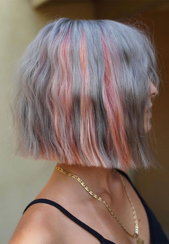 coral and grey bob haircut, colored Bob ideas, bob with color on dark skin, short bob hair color ideas, short bob with highlights, ombre bob, best hair color for bob cut, hair color for bob cut 2022, bob haircuts with two colors