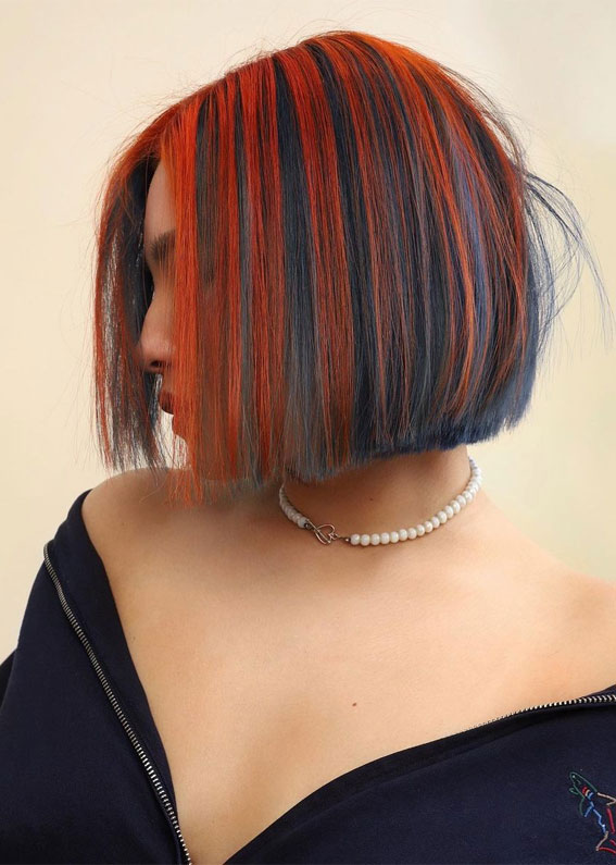 30 Best Hair Colour Ideas for Bob Cut : Navy & Burnt Orange Bob Dark Hair