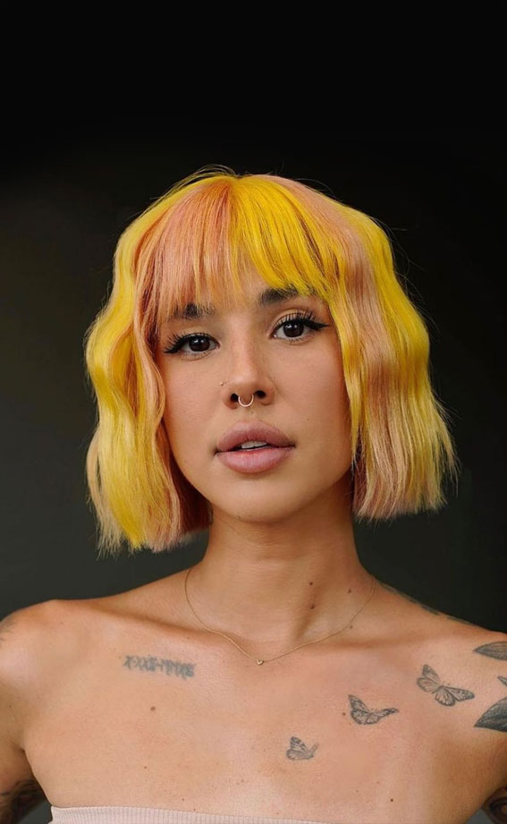 peach and yellow blonde and black bob haircut, colored bob haircut, bob hairstyle, textured bob with color ideas