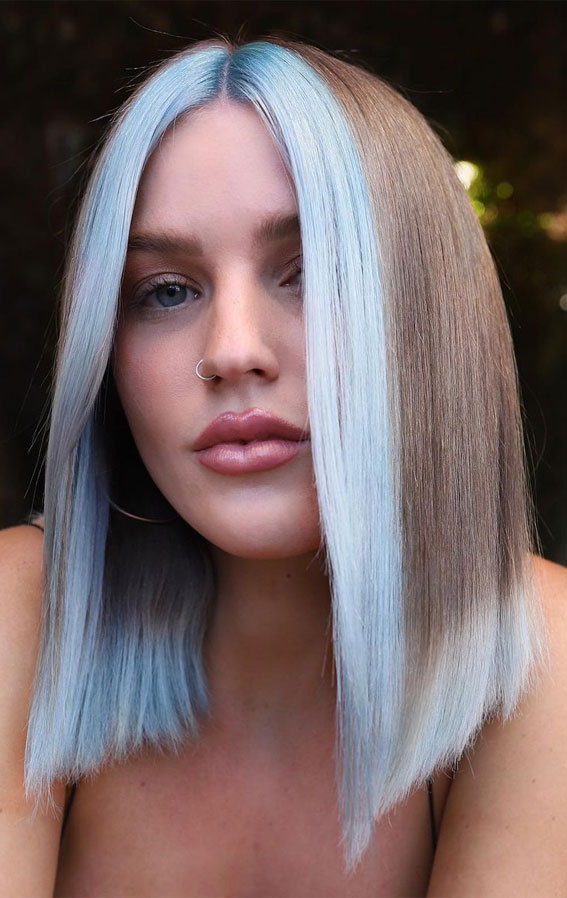 30 Best Hair Colour Ideas for Bob Cut : Pastel Blue Face-Framing Long Bob