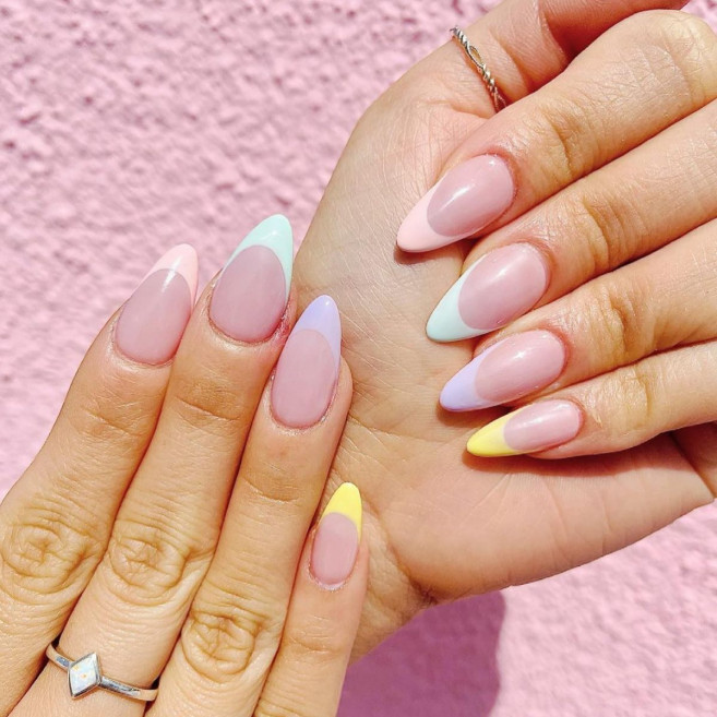 pastel french tip nails, different color french tip nails, easter nails