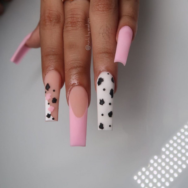50 Trendy Pink Nails That’re Perfect For Spring : Acrylic Cow Print & Pink Matte Nails