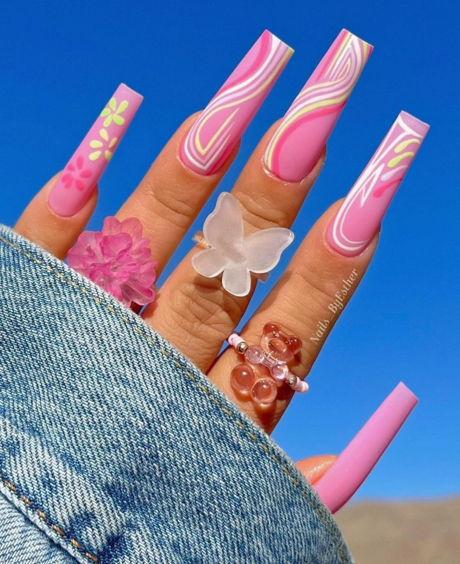 50 Trendy Pink Nails That’re Perfect For Spring : Shades of Pink & Yellow Nails with Swirly & Flowes