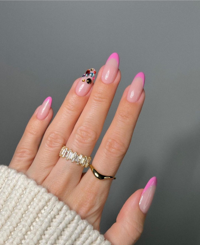 50 Trendy Pink Nails That’re Perfect For Spring : Jewel Embellished & Pink French Tip Nails
