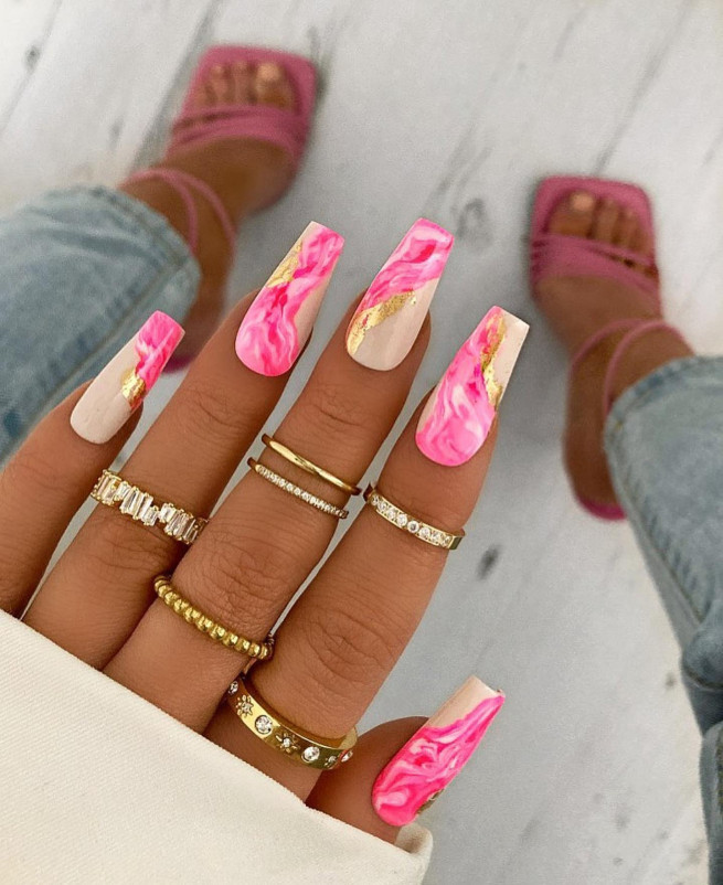 pink marble nails with gold flakes, pink nails 2022, trendy pink nails, pink nails coffin, acrylic pink nails, french pink nails, baby pink nails, shades of pink nails, pink nails acrylic, flower nails