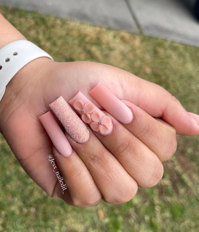 50 The Cutest Spring Nails Ever : Ombre Nude Pink Nails with 3D Flowers