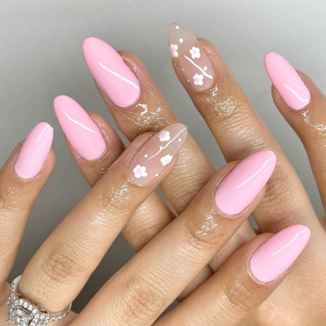 50 Trendy Pink Nails That’re Perfect For Spring : Flowers on Translucent Nails