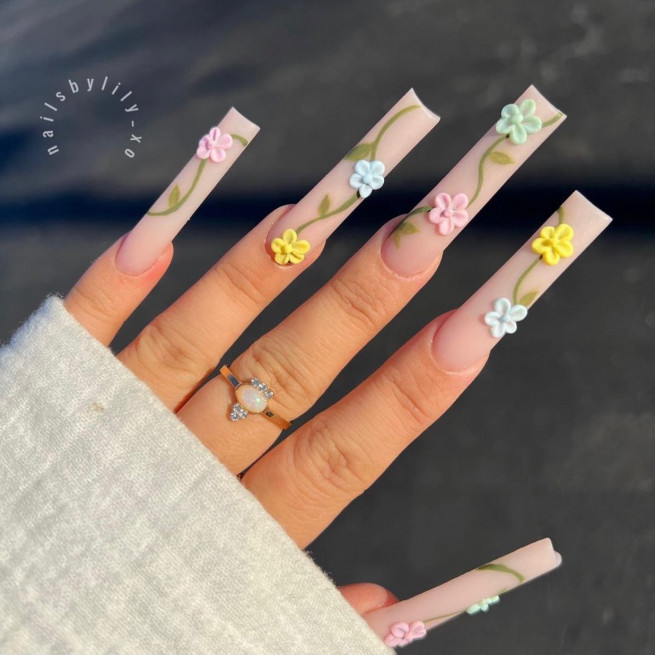 50 The Cutest Spring Nails Ever : 3D Pastel Floral Long Nails