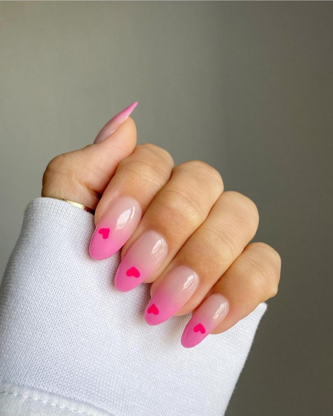50 Trendy Pink Nails That’re Perfect For Spring : Ombre Pink Nails with Hearts