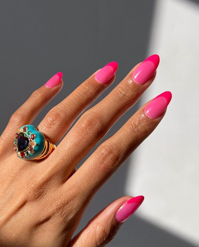 50 Trendy Pink Nails That’re Perfect For Spring : Dark Pink French Tips on Pink Nails