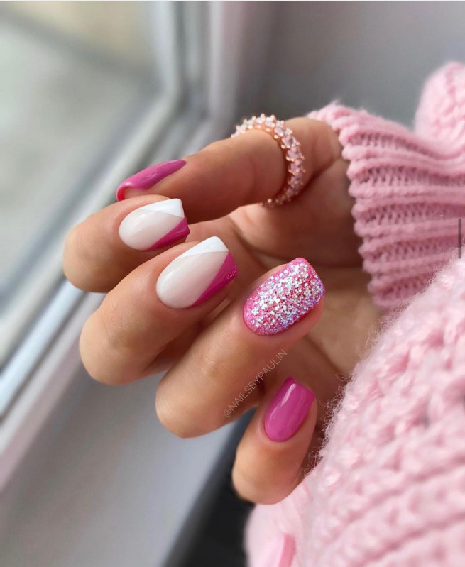 50 Trendy Pink Nails That’re Perfect For Spring : Pink Side French & Glitter Pink Nails