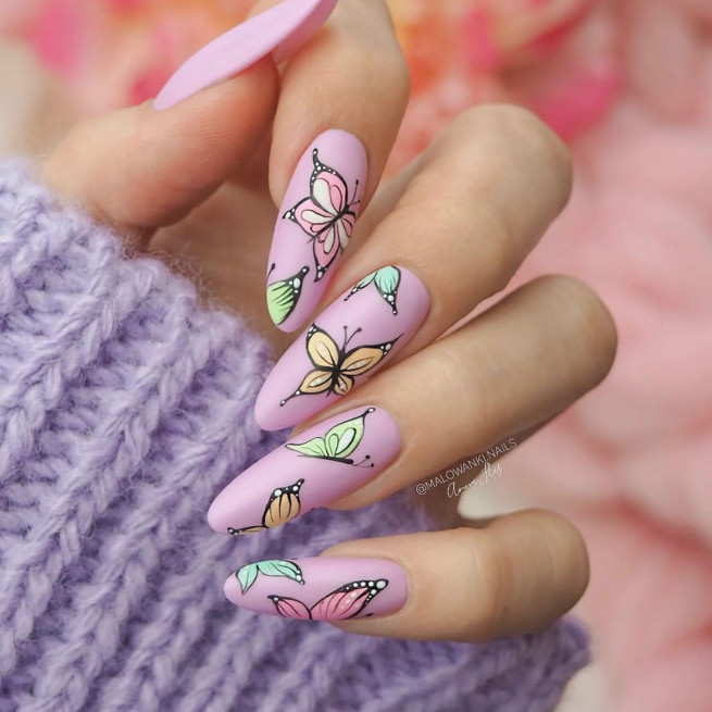 50 Trendy Pink Nails That’re Perfect For Spring : Butterfly Pink Almond Nails
