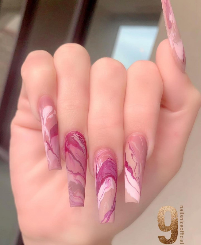 50 Trendy Pink Nails That’re Perfect For Spring : Pink Marble Matte Long Nails