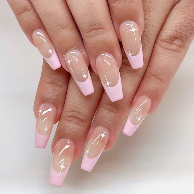 50 Trendy Pink Nails That’re Perfect For Spring : Baby Pink French Tip Nails with Star Details