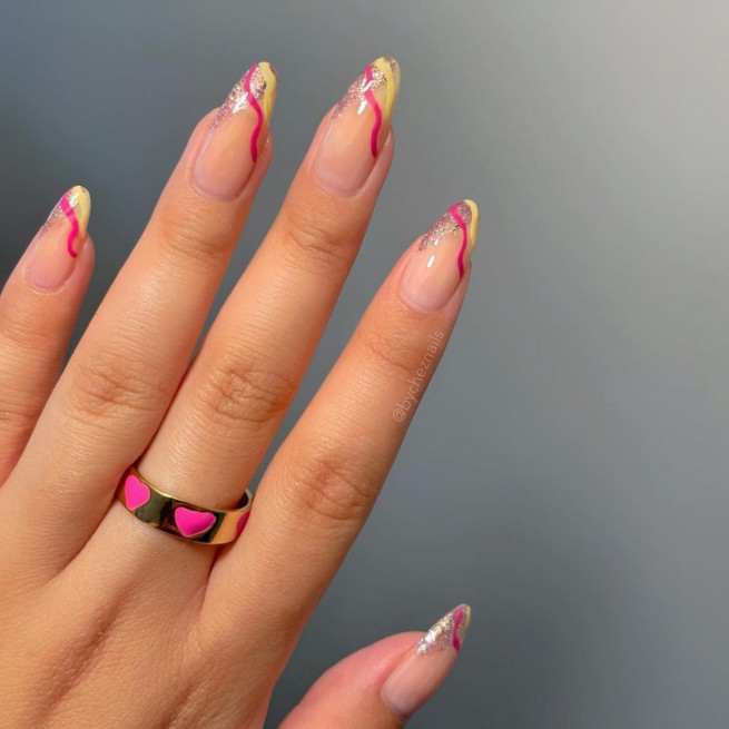 40 The Chicest Nail Art That You Need To Try Out : Glitter, Swirl Pink and Yellow Nail Art