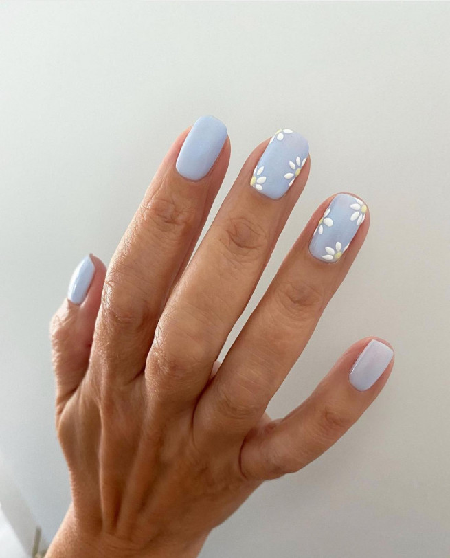 50 The Cutest Spring Nails Ever : Daisy on Baby Blue Matte Short Nails