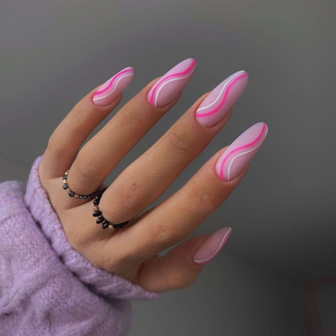 50 Trendy Pink Nails That’re Perfect For Spring : Shades of Pink Swirly Almond Nails