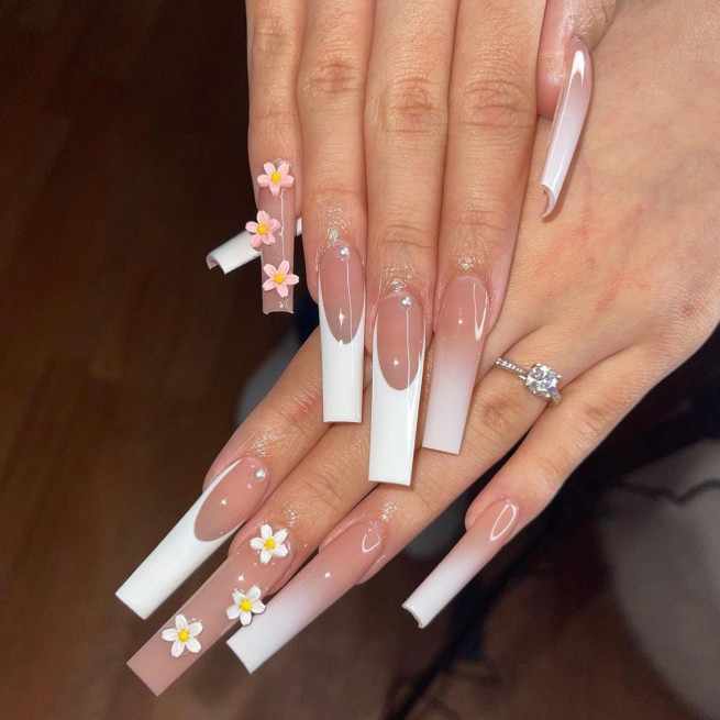 50 The Cutest Spring Nails Ever : White French Tip Nails with Flower Embellishment