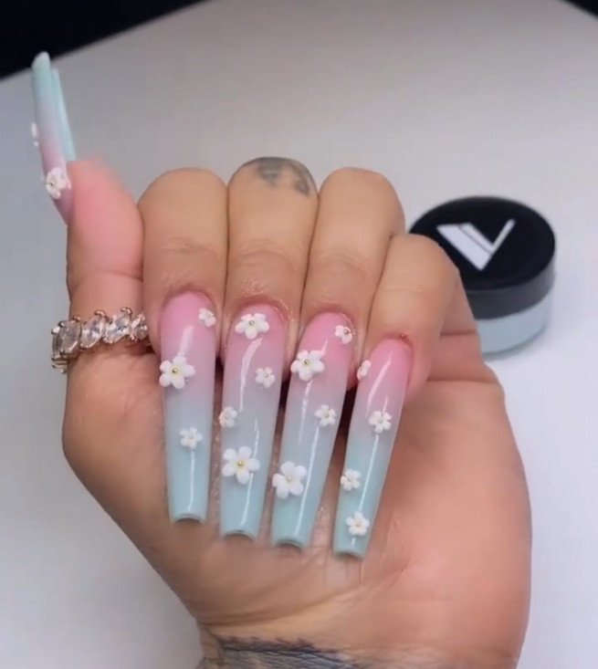 ombre blue and pink nails with 3d flowers, 3d flower nails, pink nails 2022, trendy pink nails, pink nails coffin, acrylic pink nails, french pink nails, baby pink nails, shades of pink nails, pink nails acrylic