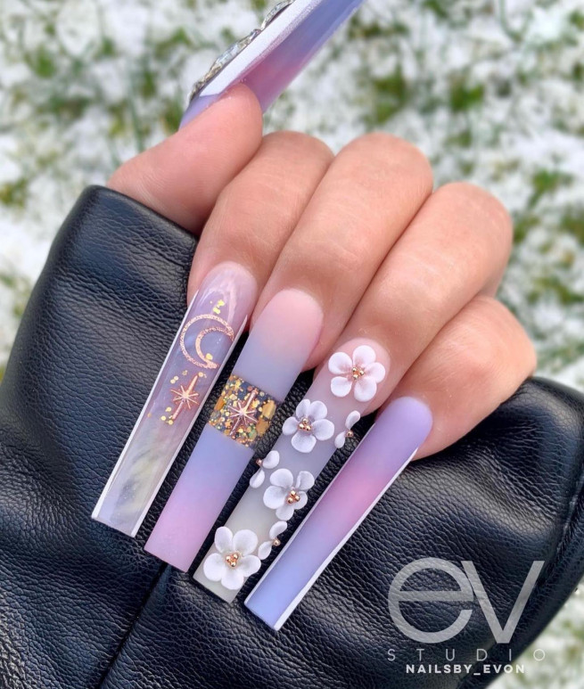 50 The Cutest Spring Nails Ever : Ombre Purple Nails with Flowers I ...