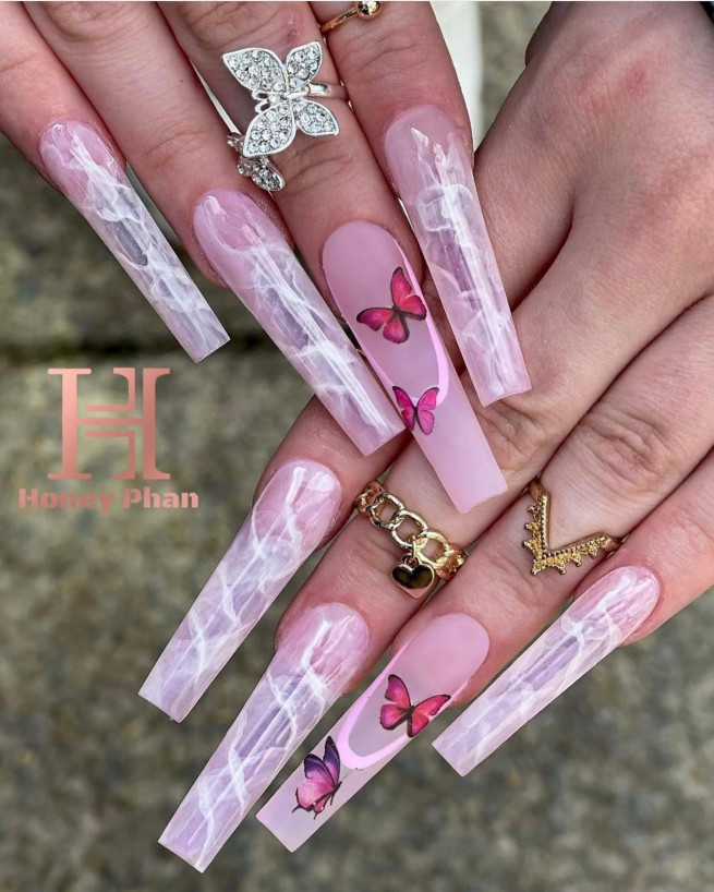 50 Trendy Pink Nails That’re Perfect For Spring : Marble Pink & Butterfly Extra Long Nails
