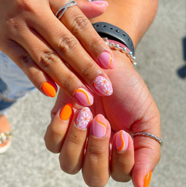 50 Trendy Pink Nails That’re Perfect For Spring : Orange and Pink Nails with Daisies & Swirl