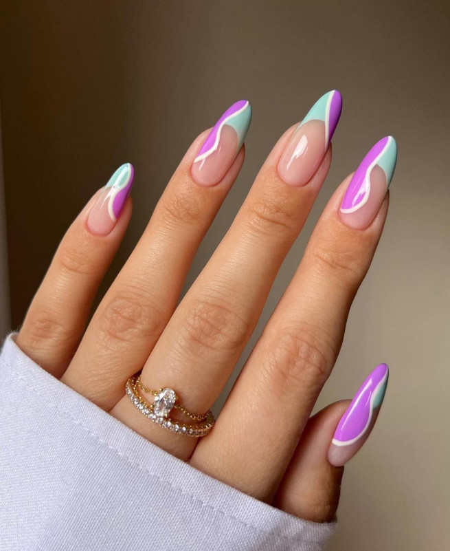 50 The Cutest Spring Nails Ever : Mint & Purple Abstract Almond Nails