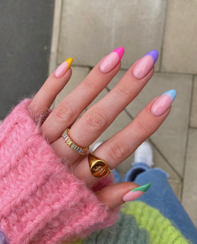 40 Cutest Summer Nail Designs in 2022 : Different Color French Tip Nails