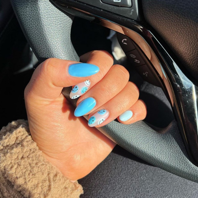 40 Cutest Summer Nail Designs in 2022 : Smiley Face Blue Nail Art