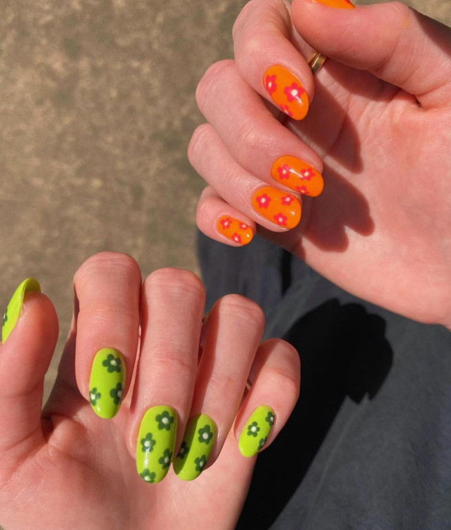 40 Cutest Summer Nail Designs in 2022 : Flower Chartreuse and Orange Nail Art