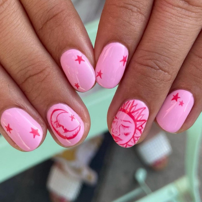 40 Cutest Summer Nail Designs in 2022 : Moon, Star and Sun Pink Short Nails