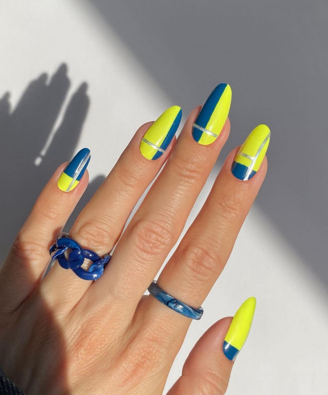 40 Cutest Summer Nail Designs in 2022 : Bright Yellow & Blue Nail Art