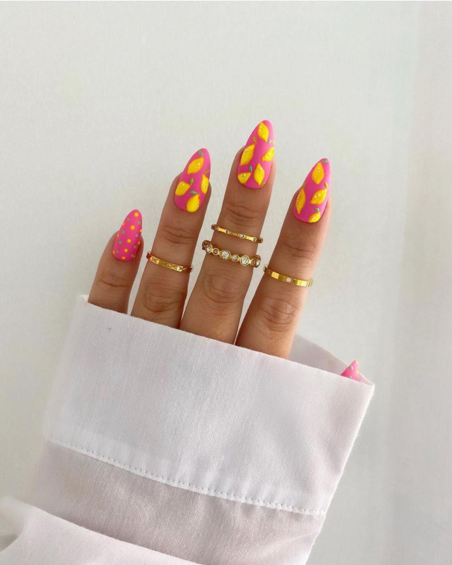 40 Cutest Summer Nail Designs in 2022 : Lemon Pink Almond Nails